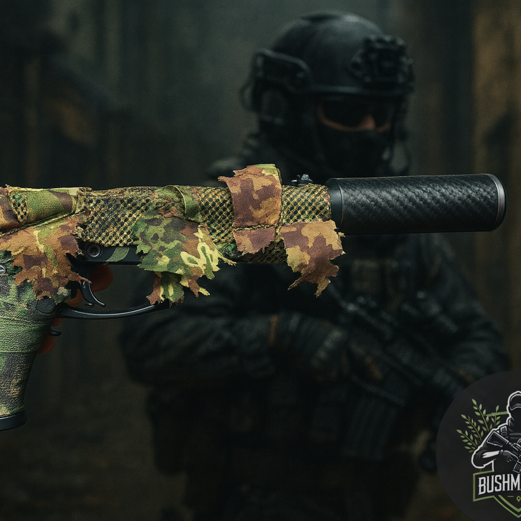 Camouflaged tactical rifle with suppressor held by soldier in dark combat gear