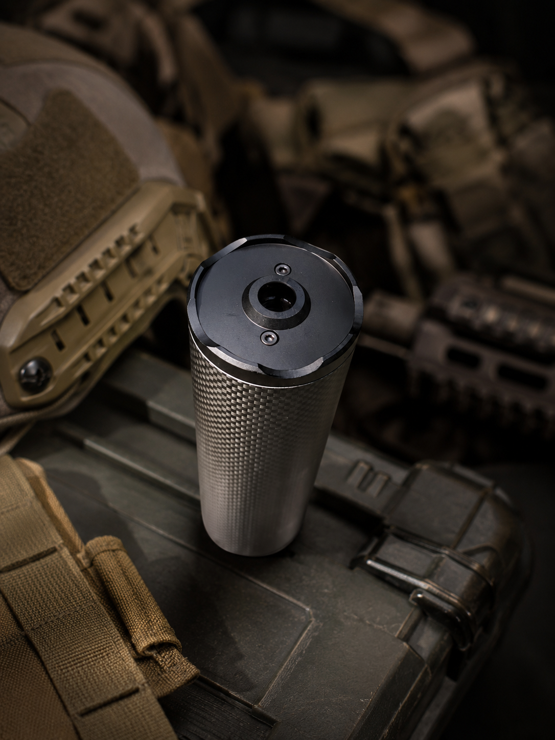 Rear mounting cap and carbon-fiber body of the Bushmaster Big Boy Gen 3 sound moderator on tactical gear