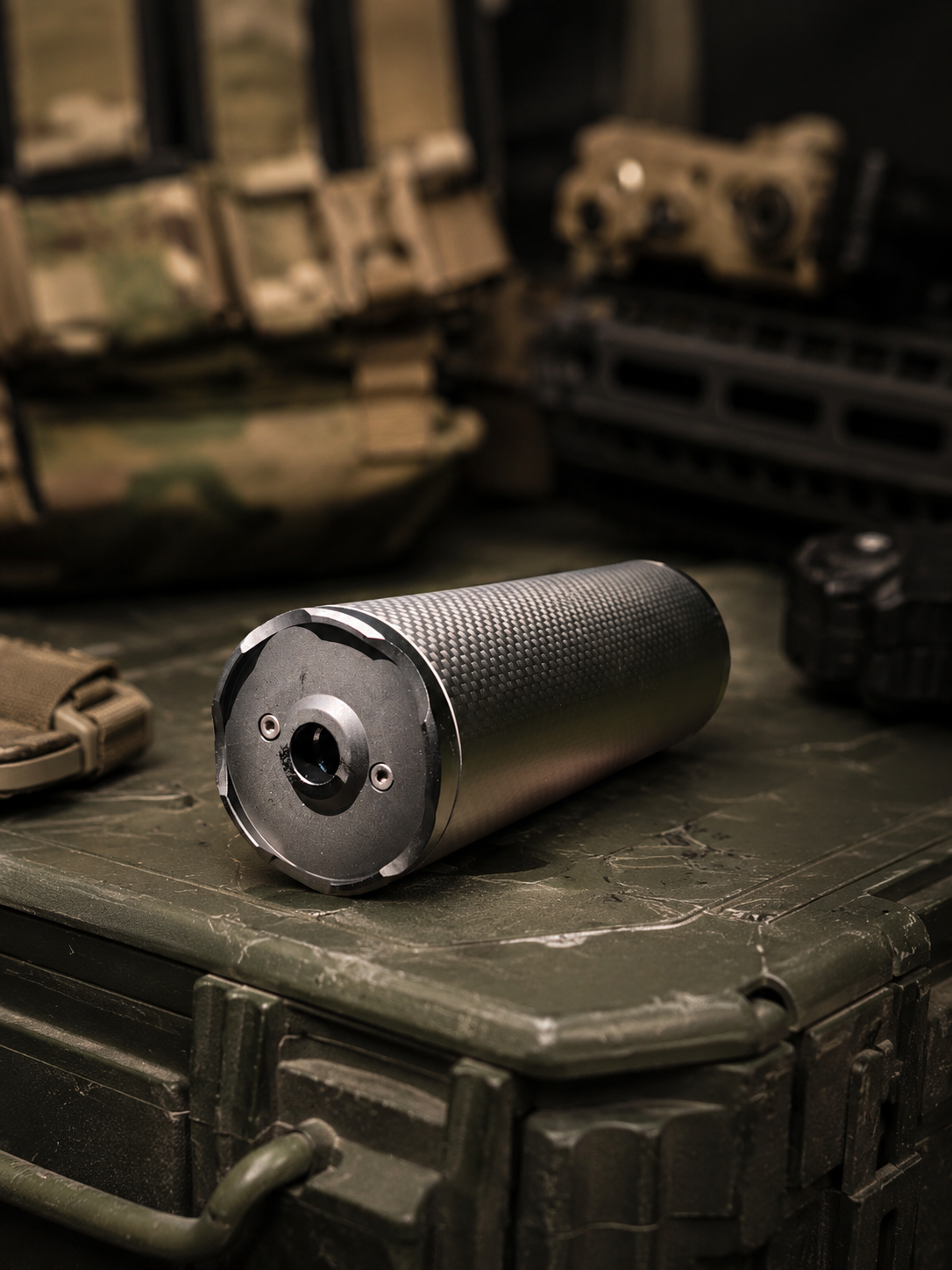 Angled product view of the Bushmaster Big Boy Gen 3 sound moderator on a tactical equipment case