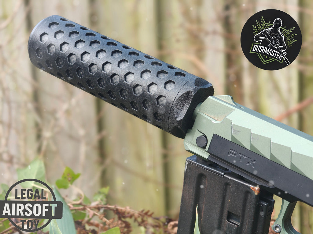 Bushmaster Model HEX sound moderator with honeycomb outer shell mounted on a green Gate PTX airsoft pistol