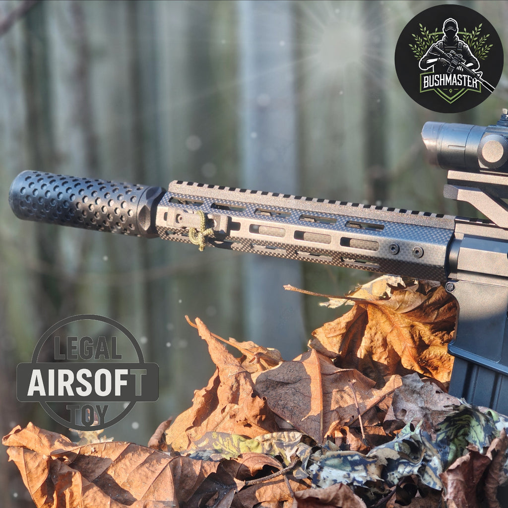 Close-up of a black airsoft rifle with suppressor among dry autumn leaves, Bushmaster logo