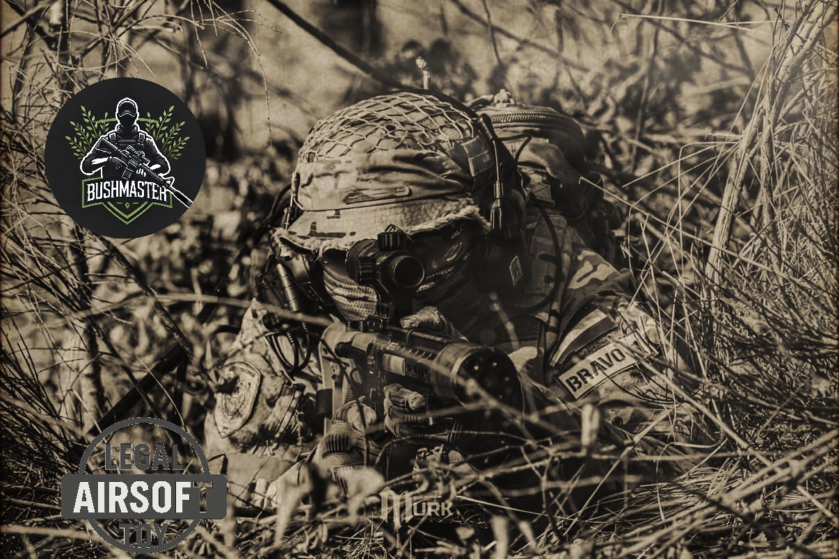 Camouflaged airsoft player aiming from cover during woodland gameplay